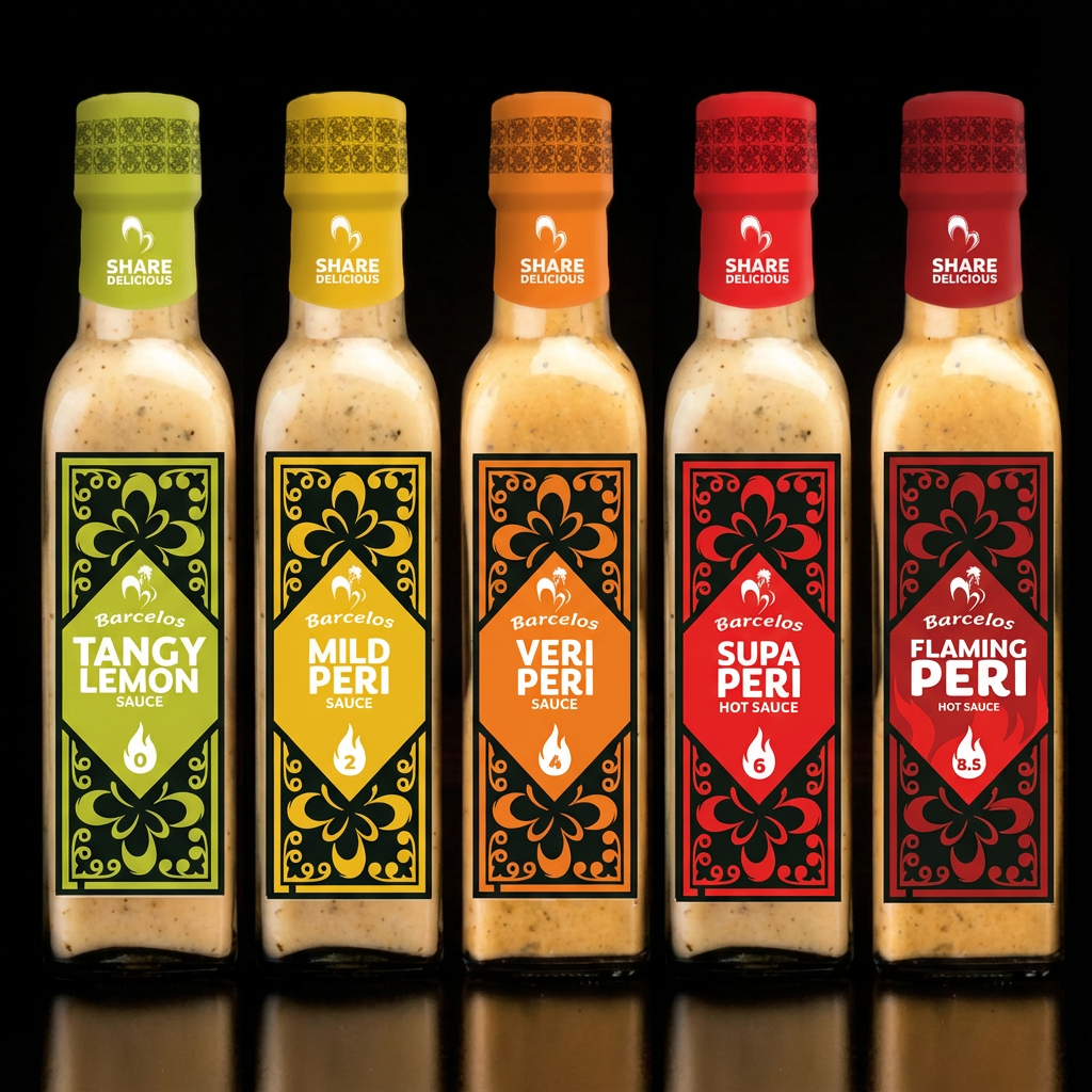 Barcelos Peri-Peri Sauce Collection - Tangy Lemon, Mild Peri, Veri Peri, Supa Peri, and Flaming Peri